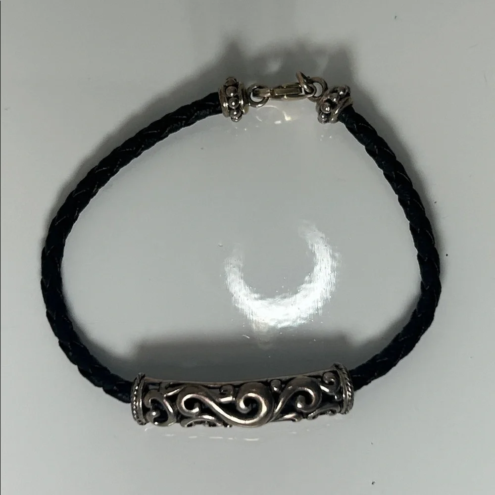 NWOT Carolyn Pollack Sterling Silver Scroll Slide On Braided Leather Bracelet